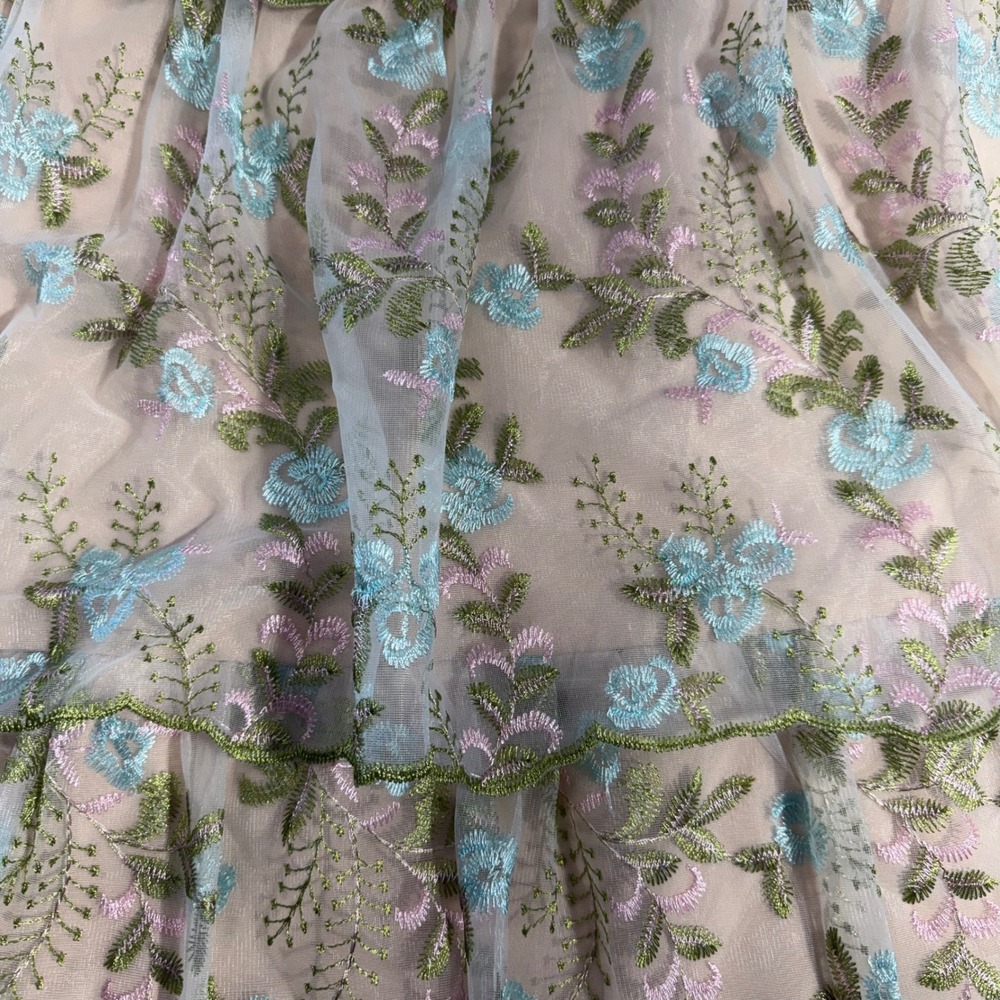 Vintage Floral Embroidered Tiered Maxi Dress Cream Blue Pink Small V-Neck Tulle - Picture 2 of 7